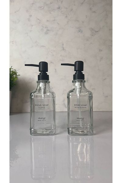 Okyanus Home Double Square Glass Liquid Soap Dispenser with Black Pump 500ml