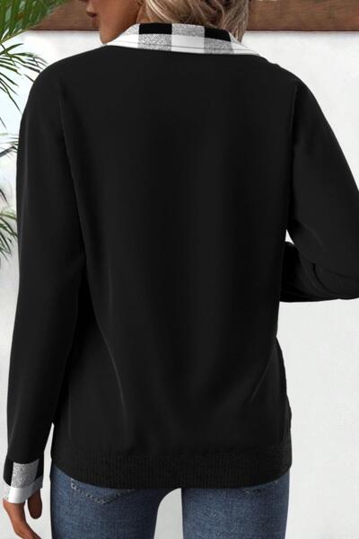 Mossta Μπλούζα με δύο κλωστές με καρό λεπτομέρεια με φερμουάρ, μαύρη