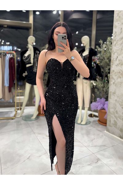 missswans Φόρεμα Agnes Heart Collar με σχισμή μπροστά Midi μαύρο