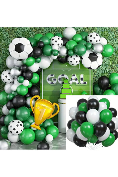 Çemrek Süs Parti Yeşil Beyaz Siyah Balon zinciri Seti 103 lü Futbol Topu ve K...