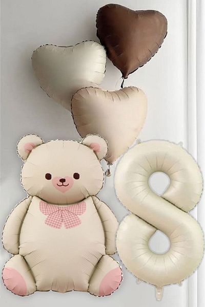 Atölye Mi 8Th Birthday Cream Bear with Bow Tie and 3 Retro Heart Balloons Balloon Set