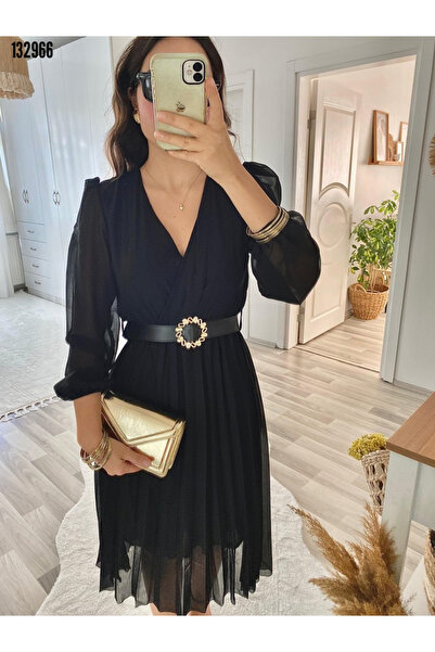 VELİZADE Astarlı Kruvaze Yaka Midi Boy Kloş Çan Model Beli Kuşaklı Tül Kol Şifon Elbise Abiye Nişan Elbisesi