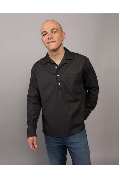 AMERICAN EAGLE AE Long-Sleeve Linen-Blend Popover Shirt