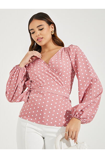 Styli Polka Dot Print Wrap Top with Tie Waist Detail