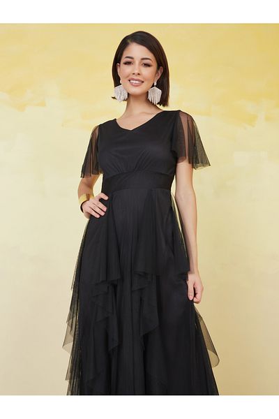 U&F By Styli Mesh Insert Frill Sleeve V-Neck Maxi Dress