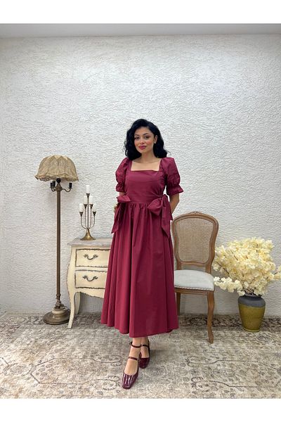 KÜÇÜĞÜM BUTİK Burgundy Side Bow Square Neck Flared Poplin Dress