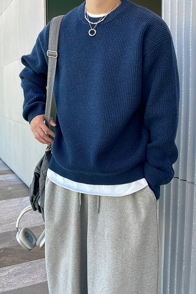 Tarz Cool Men's Matte Navy Blue Regular Fit Crew Neck Braided Knitwear