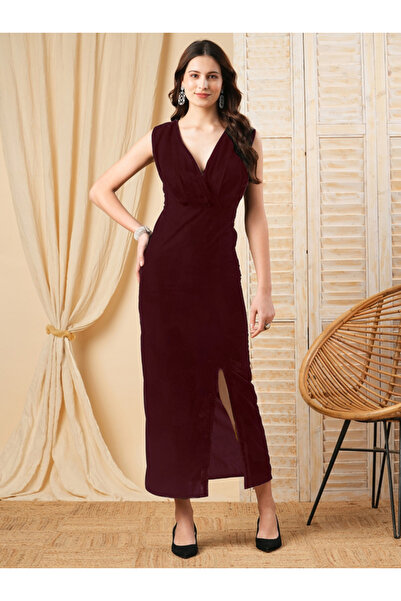 Mish By Styli Deep V Neck Sheath Maxi Dress with Front Slit