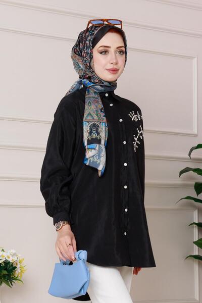 Sevitli Önü İnci Taş İşlemeli Tunik-Siyah