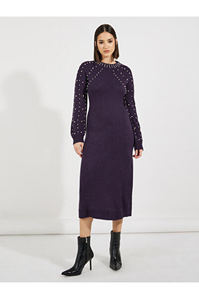 Styli Faux Pearl Studded Knit Sweater Midi Dress