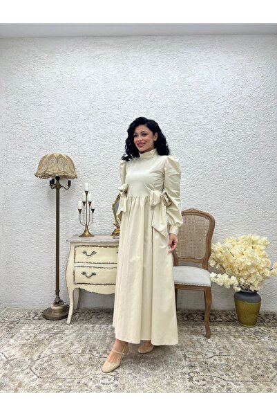 KÜÇÜĞÜM BUTİK Φόρεμα με μακρύ φιόγκο σε μπεζ χρώμα από ποπλίνα