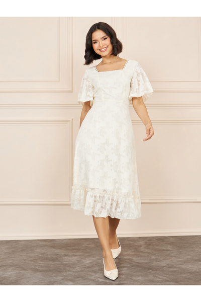 Styli Burnout Texture Ruffle Hem A-Line Midi Dress