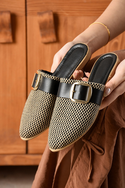 eformoda by emre yılmaz Women's Buckle Closed Black Beige Slippers - Comfortable Soft Straw, Guest Sea Home Beach Sl02