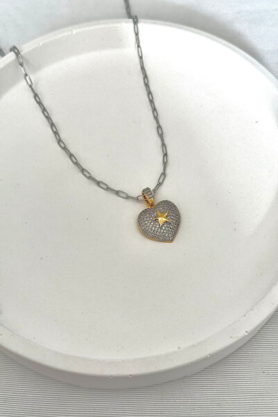 DEMOKAN Kadın Çelik Kolye Premium Seri Full Zirkon Taş Kalp Yıldız Detay Kolye