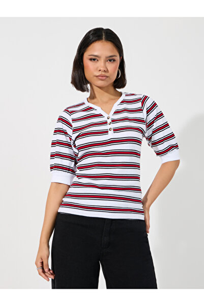 Styli Striped Placket Button V Neck T-Shirt