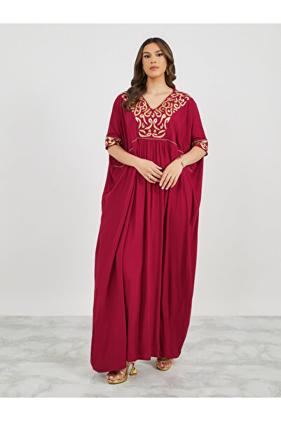 Maxim Creation By Styli Embroidered V Neck Jalabiya with Batwing Sleeves