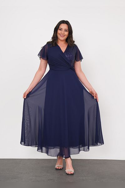 EGZ BUTİK Navy Blue Garnished Maxi Dress