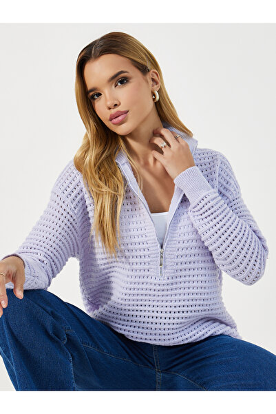 Styli بلوزة محبوكة بأكمام طويلة وياقة مع تفاصيل سحاب نصفي