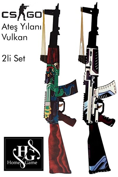 HG Home&Game Ahşap Cs Go AK47 Ateş Yılanı ve Vulkan Skin kaplamalı 2li  Set