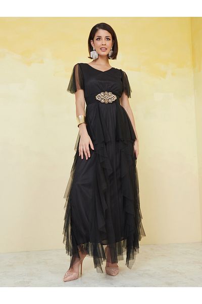 U&F By Styli Mesh Insert Frill Sleeve V-Neck Maxi Dress