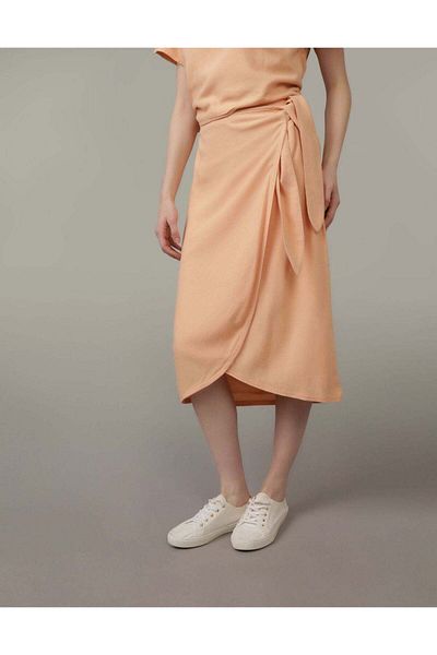 AMERICAN EAGLE Ae Linen-blend Faux Wrap Midi Skirt