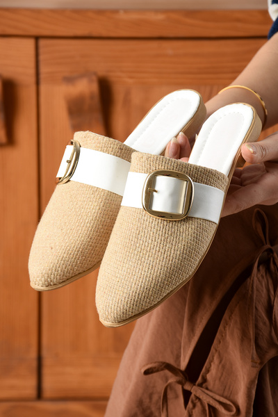 eformoda by emre yılmaz Beige and White Women's Slippers - Buckle, Closed Straw Comfortable Soft Bundle Sl02
