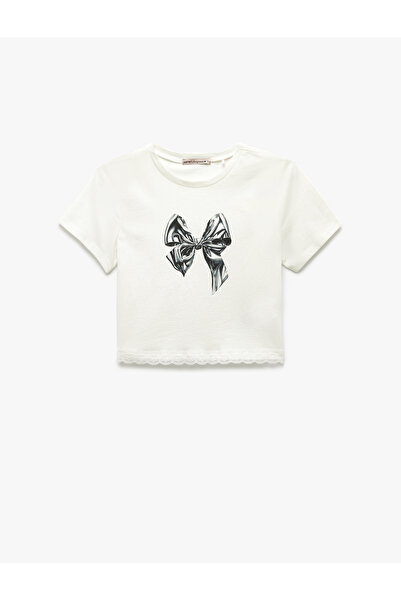 Koton Κοντό μανίκι Crew λαιμόκοψη Βαμβακερό φιόγκο με στάμπα Crop πιτζάμα