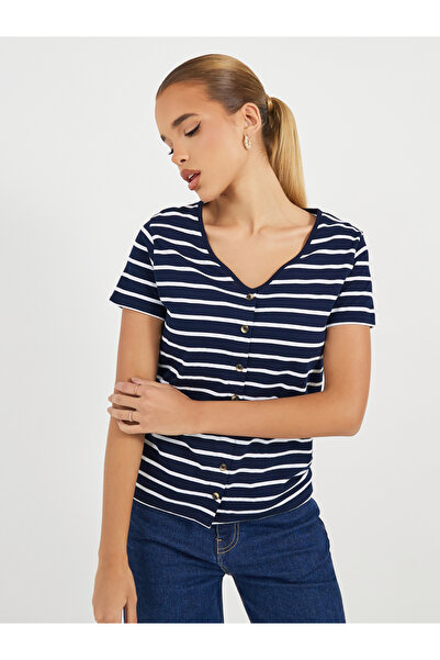 Styli Striped Knit Top with Button Placket