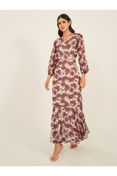 Styli فستان ماكسي بقصة A وأكمام منفوخة وطبعات متعددة