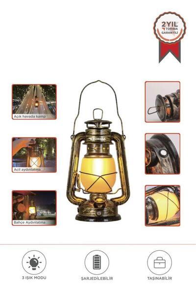 Torima Gaz Lambası Görünümlü Nostaljik Retro Şarjlı Led Işıklı Gece Lambası LW41 Koyu Ahşap