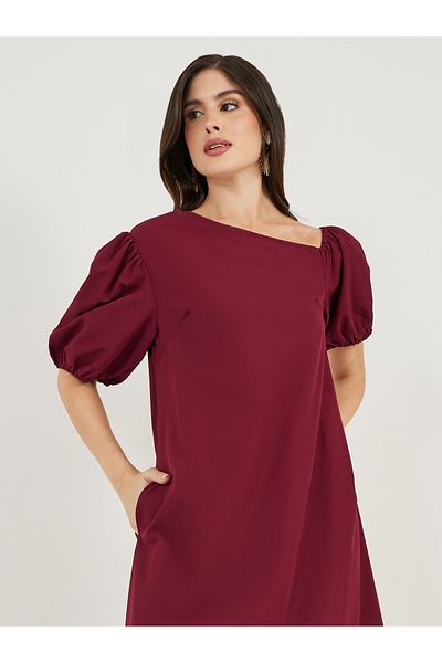 Styli Asymmetric Neck Puff Sleeve Shift Maxi Dress
