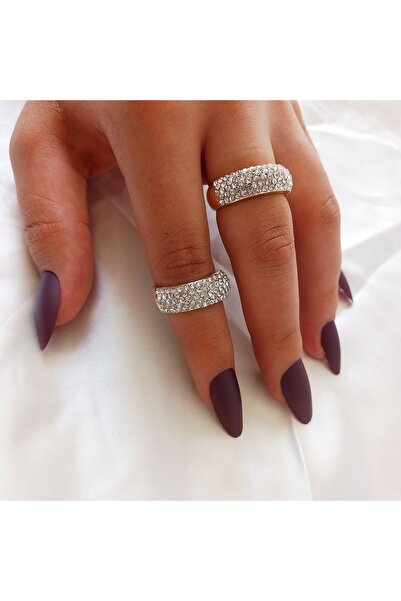 LADYBİRDAKSESUAR Zirkon taşlı Beş sıra tam tur çelik yüzük