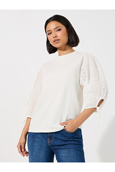 Styli Broderie Volume Sleeves Top with Tie Cuff Detail