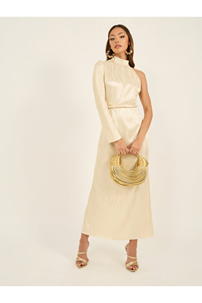 Styli فستان ماكسي من قماش الجاكار بأكمام واحدة مع حزام ربط ذاتي