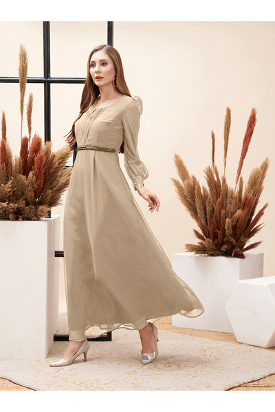 Mish By Styli Embellished Waistband Puff Sleeves Maxi Dress