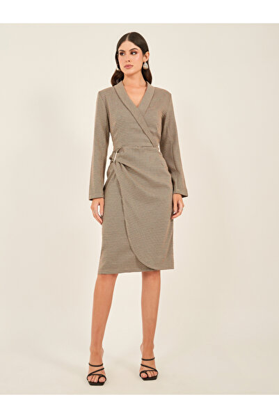Styli Houndstooth Wrap Blazer Knee Length Dress with Buckle Detail