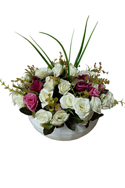 Cennet Home Fuşya mor esintili beyaz yabangülü aranjmanı beyaz mika lüks saks...