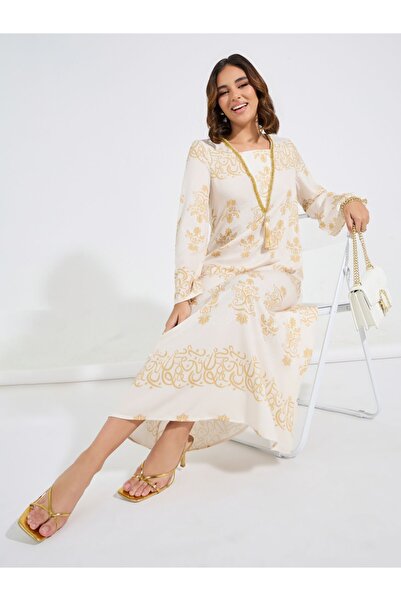 Take Two By Styli Foil Print Embellished Jalabiya Dress with Tassel