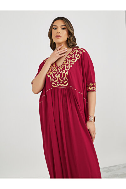 Maxim Creation By Styli Embroidered V Neck Jalabiya with Batwing Sleeves
