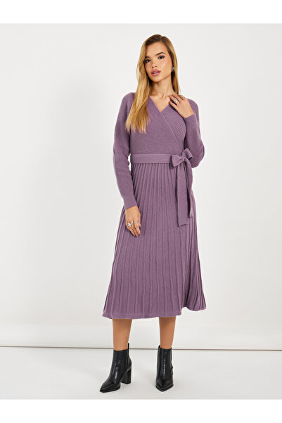 Styli Textured Knit Sweater Midi Dress with Tie Belt