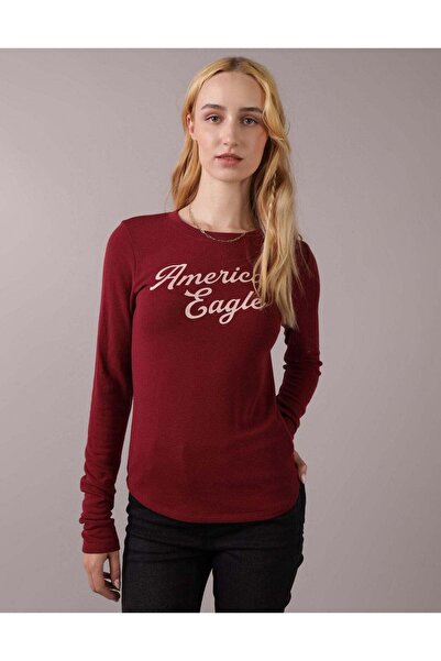 AMERICAN EAGLE تي شيرت حراري طويل الأكمام ونحيف برسومات شعار AE