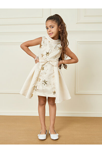 Styli All Over Star Embellished Bow Front Layered Detail Dress