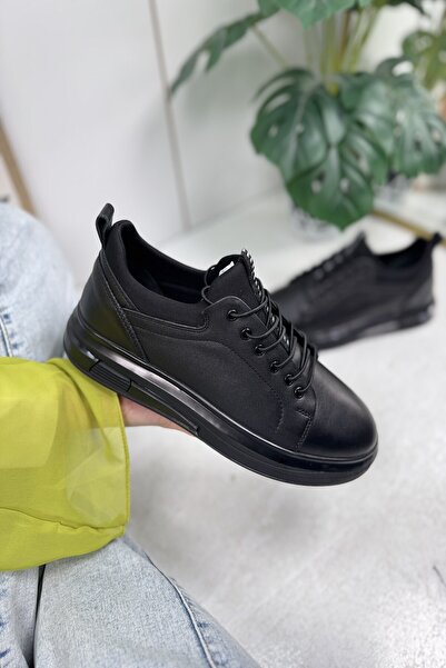 Nstil Günlük Erkek Siyah Ayakkabı Iç Dış Hakiki Deri Bağcıklı Kalın Yüksek Taban Bilek Destek Sneaker 300