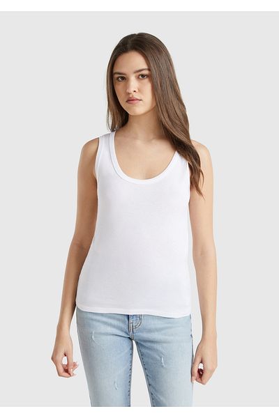 United Colors of Benetton Tricou alb pentru femei, 100% bumbac, cu logo brodat, slim fit, cu gât rotund