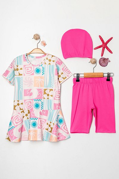 Beniizle Flounce Skirted Patterned Bonnet Girl's Three-Piece Swimsuit Set