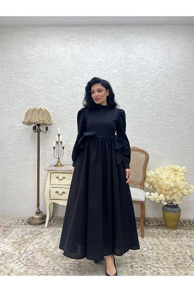 KÜÇÜĞÜM BUTİK Hijab Black Bow Long Poplin Flared Dress