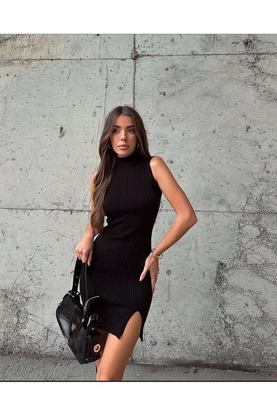 MODA Γυναικείο φόρεμα με φυτιλένιο πλεκτό γιακά με σχισμή αμάνικο μίνι λεπτό πλεκτό