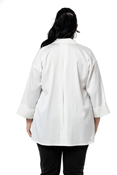 DISENTIS MODEST Large Size Double Fold Three Quarter Sleeve Satin White Shirt