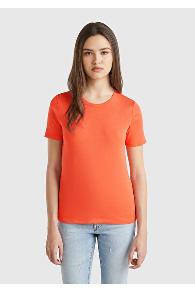 United Colors of Benetton Tricou portocaliu pentru femei, 100% bumbac, cu mân...