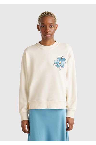 United Colors of Benetton Pulover de damă crem cu amestec de bumbac cu modele florale